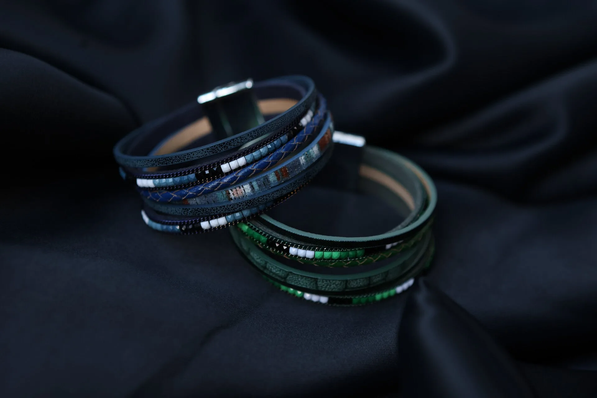 Bracelets — Cuir bleu & vert