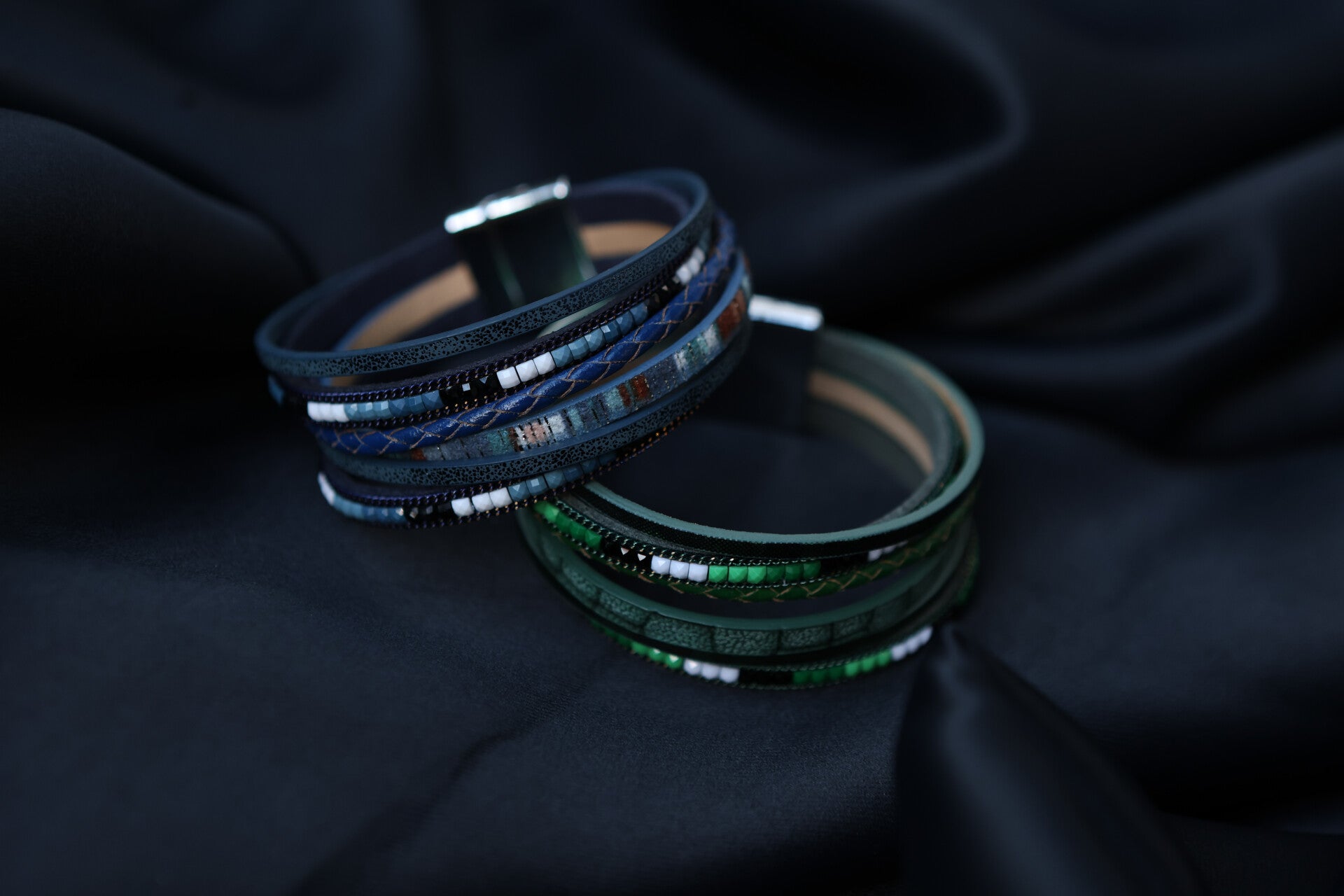 Bracelets — Cuir bleu & vert